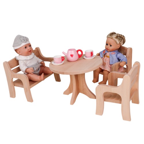 Set Puppenmöbel mit 2 Stühlen, einer Bank und einem Tisch