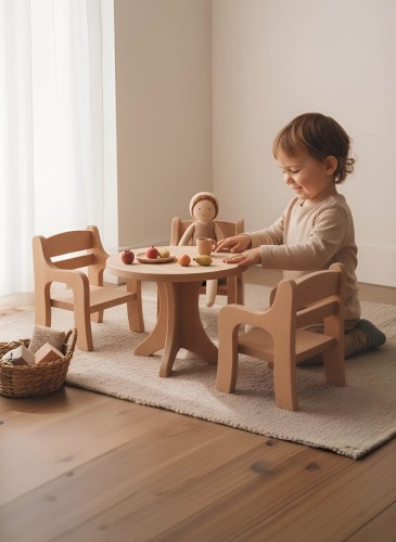 Puppenmöbel Set - Tisch-Stühle - in einem Waldorf Kinderzimmer