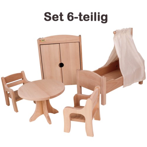 Puppenmöbel Set 6-teilig mit 2 Stühle, Tisch, Bett mit Himmel & Tuch, Kleiderschrank