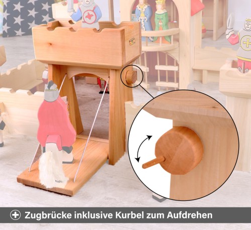 Ritterburg für Kinder - Zugbrücke mit Kurbel zum Aufdrehen