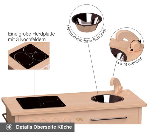 Kita Spielküche Rotkäppchen - Mit 3 Kochfeldern, Schüssel und drehbarem Wasserhahn Knopf