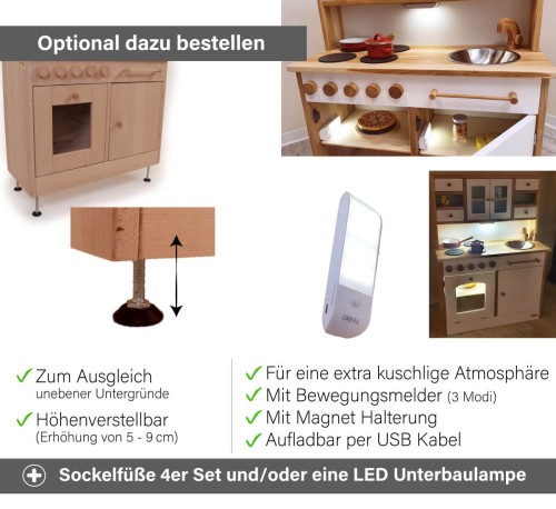 Kinder Spielküche Gretel Zubehör - Sockelfüße für Stabilität und/oder eine LED Lampe für wohliges Licht.