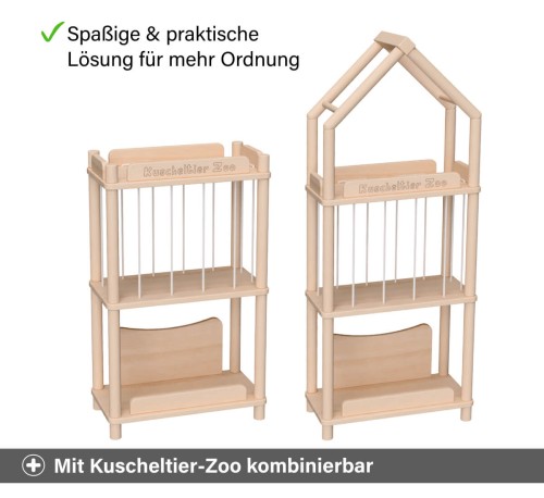 Spielzeugregal schmal mit Kuscheltierzoo kombinierbar für mehr Ordnung