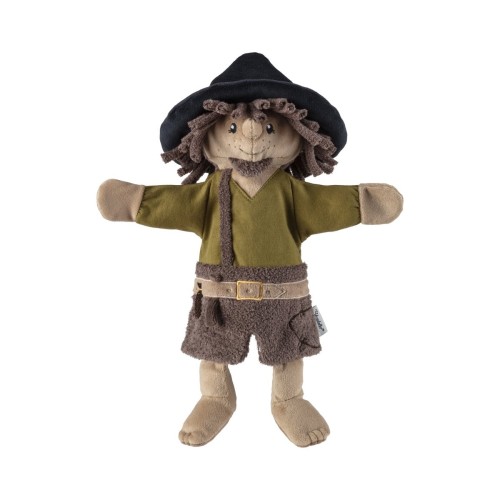 Frontalansicht der bunten Räuber Handpuppe aus weichem Flauschstoff für Kinder