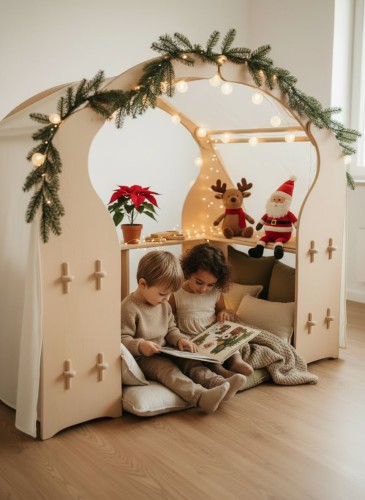 Spielständer weihnachtlich dekoriert als kuschelige Winterhöhle