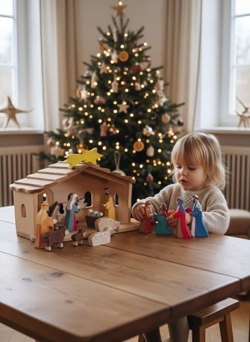 Weihnachtsgeschichte nachspielen mit Krippe und Figuren