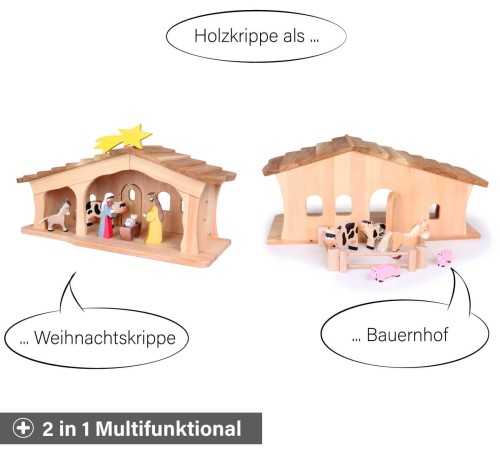 Krippenstall groß für Kinder mit Schindeln - Multifunktional verwendbar als Weihnachtskrippe oder Bauernhof