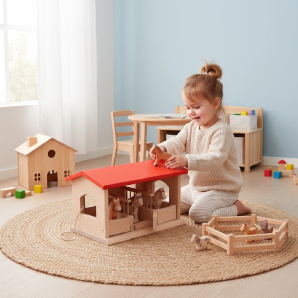 Tiere Holzspielzeug Landwirtschaft Holz-Bauernhof Reiterhof Stall, Ponyhof-Spielzeug-Pferdestall fuer Kinder Kinderzimmer