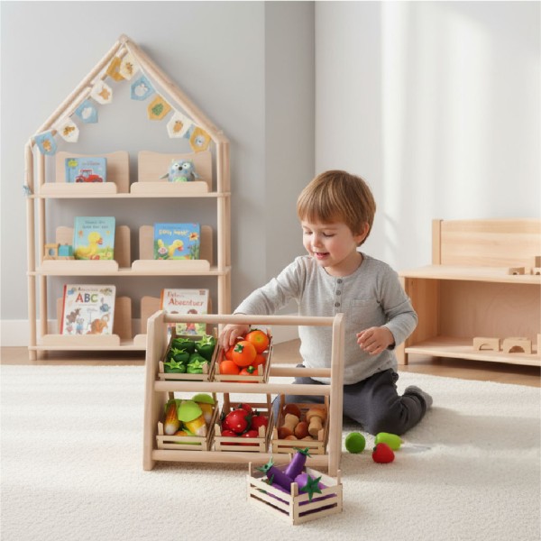Kind spielt mit Stiege und Regal und sortiert Obst und Gemüse aus Holz