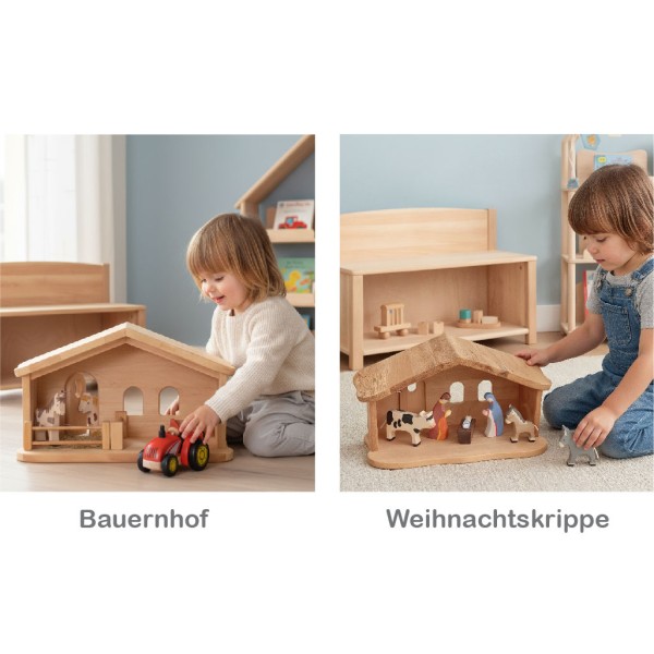 Kinder spielen mit dem Bauernhof und mit der Kinderkrippe aus Holz von Holzspielzeug Peitz