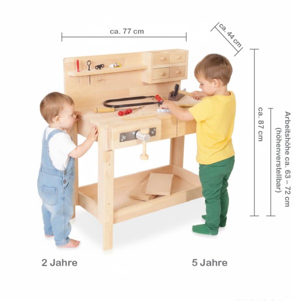 Kinder Werkbank im Größenvergleich von Holzspielzeug Peitz