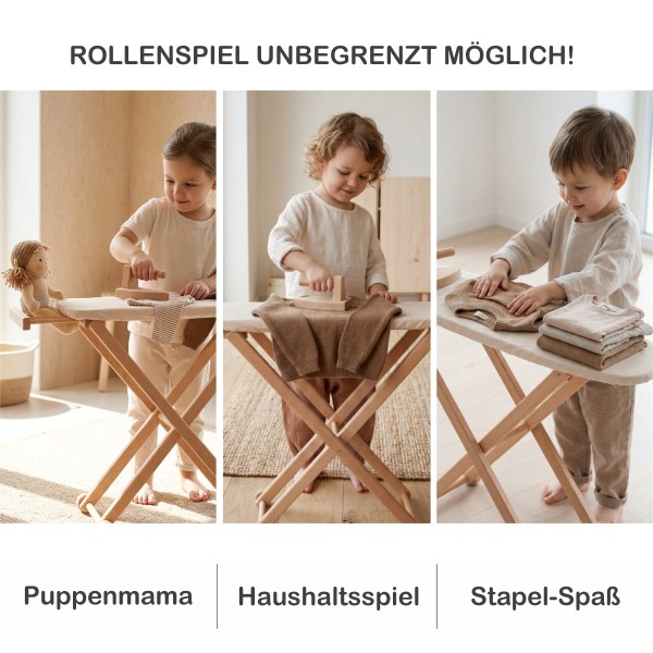 Kinder spielen Rollenspiele mit Bügelbrett und falten Wäsche