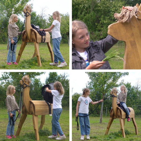 Spielpferd Alpaka im Garten mit freudigen spielenden Kindern