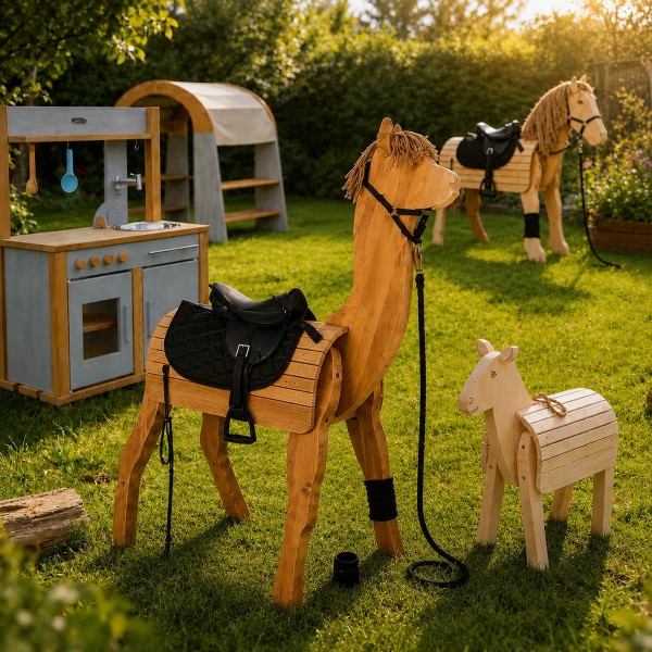 Holz Alpaka kombiniert mit Outdoor-Spielwelt und weiteren Holzspielzeugen im Garten.
