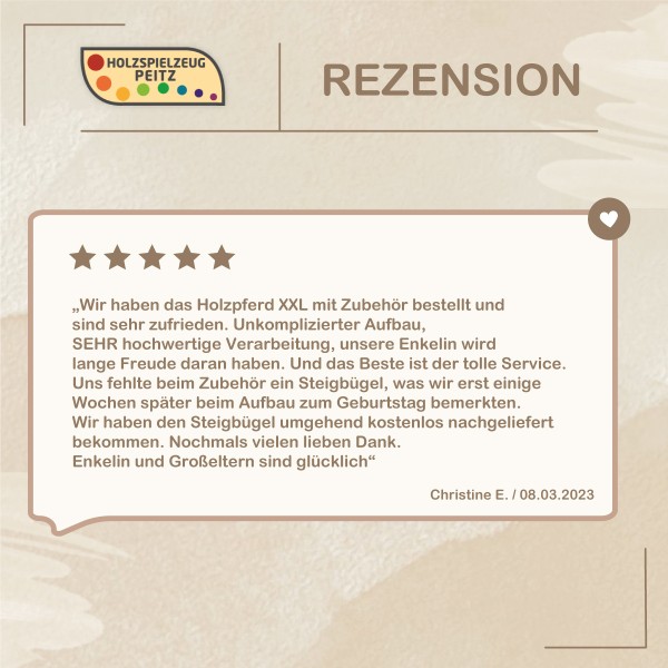 Positive Kundenbewertung und Rezension zum handgefertigten Holz Alpaka von Holzspielzeug Peitz.