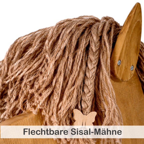 Detailbild der wetterfesten Sisal-Mähne des handgefertigten Holz Alpakas.