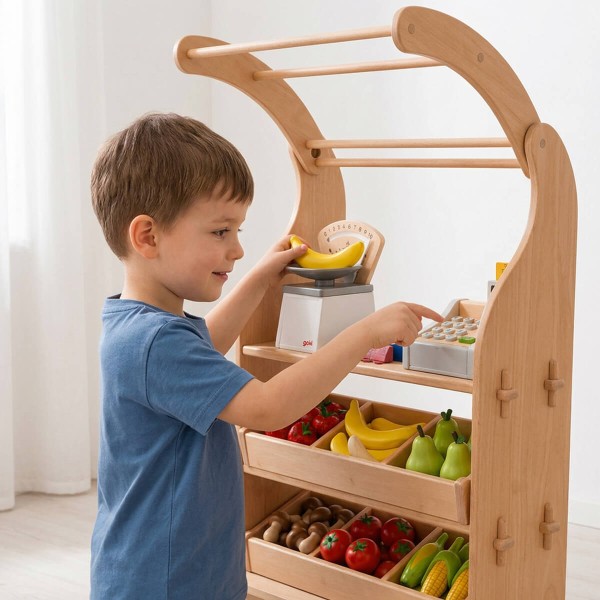 Kind spielt begeistert mit Holz Kaufladen Einsatz und sortiert Obst im hellen Kinderzimmer