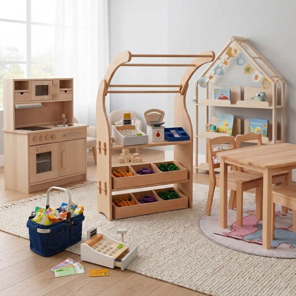 Holz Kaufladen Einsatz harmonisch integriert in ein großes skandinavisches Kinderzimmer