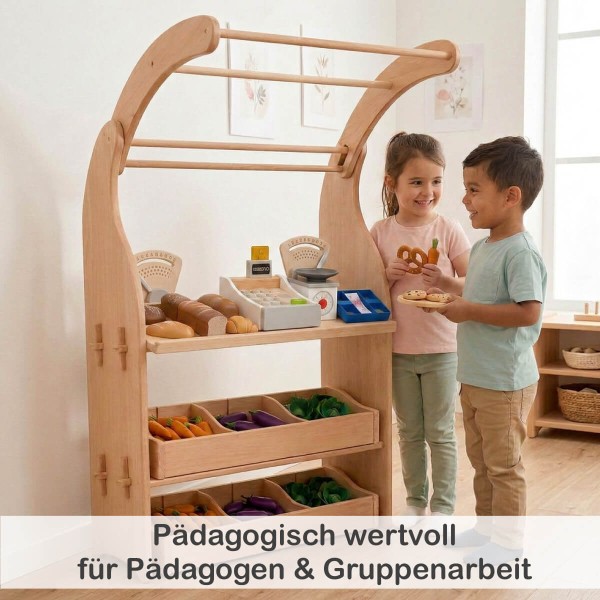 Kinder spielen gemeinsam mit Holz Kaufladen Einsatz – fördert Kommunikation und Gruppenarbeit
