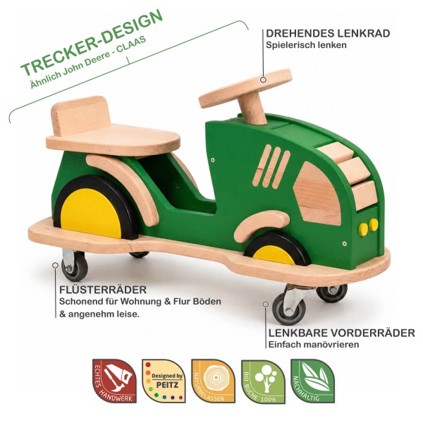 Holz Traktor BERTI mit drehbarem Lenkrad, Flüsterrädern und realistischem Trecker-Design.