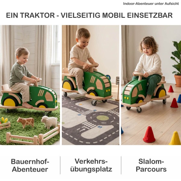 Holz Traktor BERTI als Bauernhof-Traktor, Verkehrsübungsplatz und Slalom-Parcours.