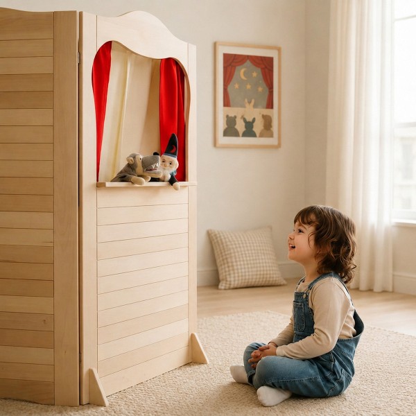 Kinder spielen mit Kasperletheater aus Holz Puppentheater im Kinderzimmer