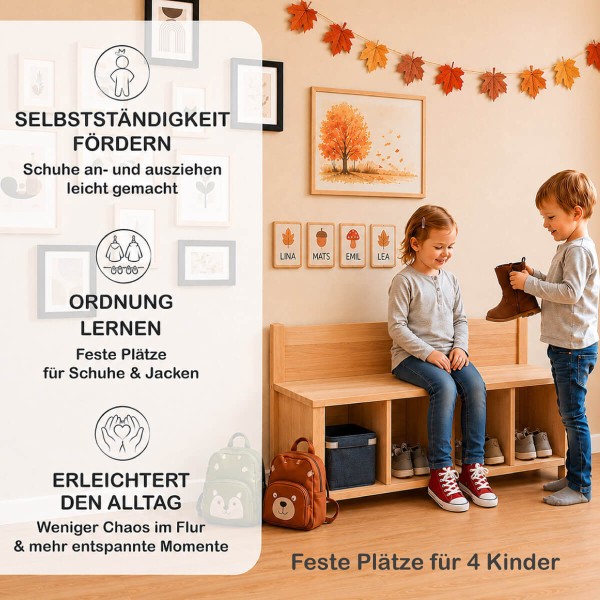 Kinder nutzen praktische Holz Garderobe mit Sitzbank und Kleiderstange im modernen Montessori Kinderzimmer