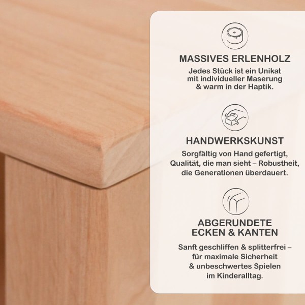 Detailaufnahme der Kinder Sitzbank aus massivem Erlenholz – handgefertigt mit abgerundeten Kanten.