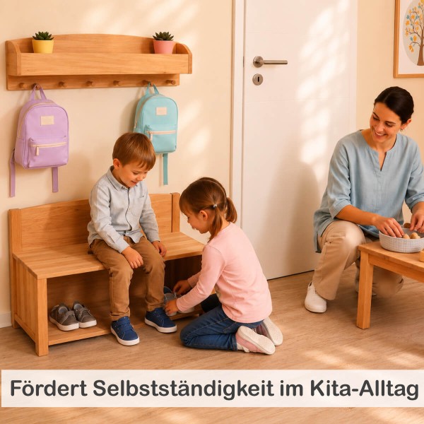 Kinder Sitzbank mit Schuhschrank im Kita-Alltag – pädagogisch wertvoll für Pädagogen und Gruppenarbeit.