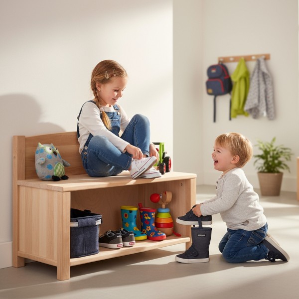 Kinder nutzen Sitzbank mit Schuhregal im Flur – ideal zum Sitzen, Spielen und Schuhe verstauen.