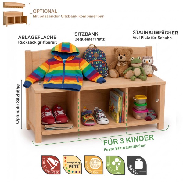Kinder Sitzbank mit 3 Schuhfächern zeigt Ablagefläche, Sitzbank und großen Schuhstauraum.