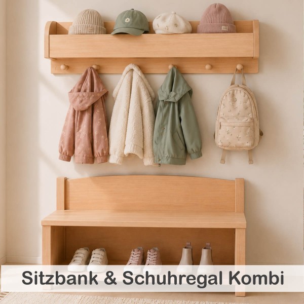 Kombination aus Kindergarderobe, Sitzbank und Schuhregal für mehr Ordnung im Eingangsbereich und Flur