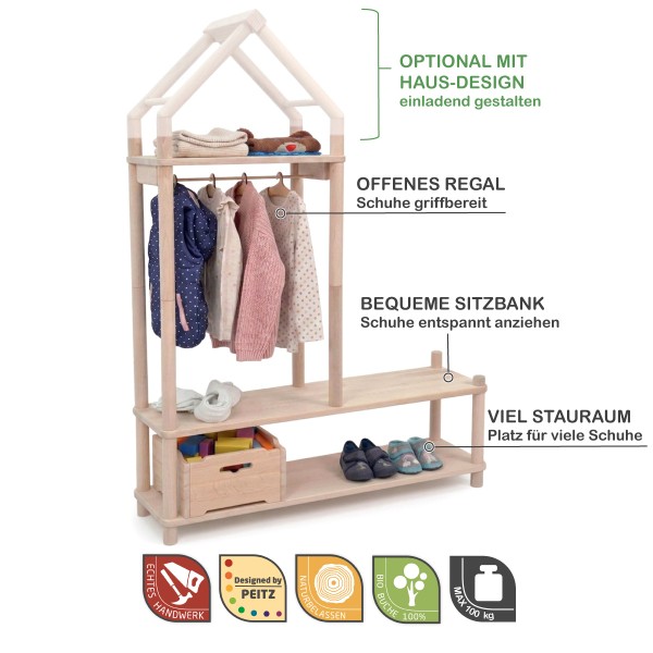 Montessori Garderobe mit Sitzbank, offenem Regal, Stauraum und optionalem Hausdesign