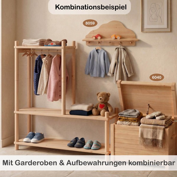 Montessori Garderobe kombinierbar mit Aufbewahrung und Wandgarderobe aus Buchenholz