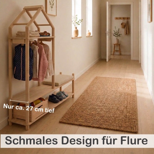 Schmale Montessori Garderobe passt platzsparend in den Flur und bietet Stauraum für Kinder