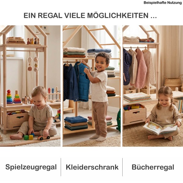 Montessori Garderobe vielseitig nutzbar als Spielzeugregal, Kleiderschrank und Bücherregal