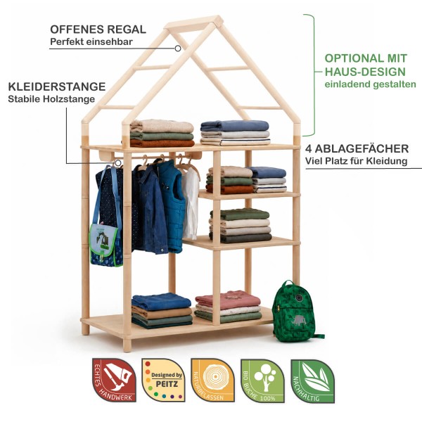 Montessori Kleiderschrank mit offenem Regal, Kleiderstange, Ablagefächern und Haus-Design