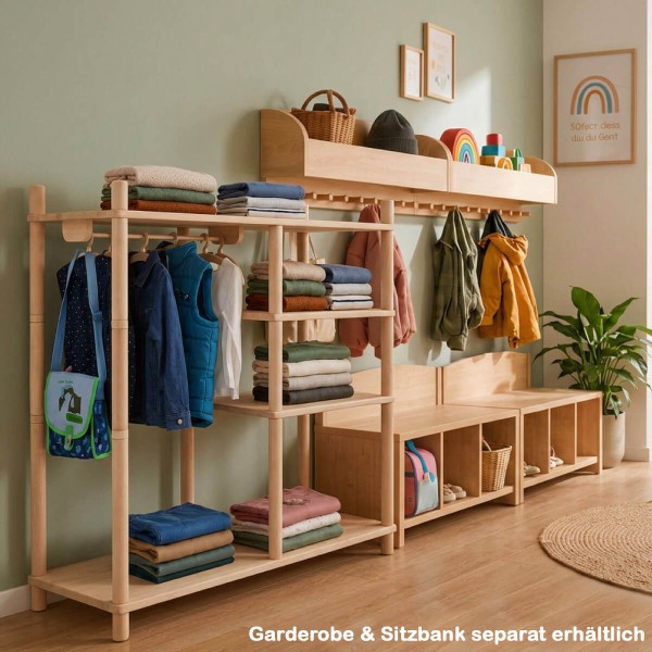 Montessori Kleiderschrank kombiniert mit Kinderzimmer-Garderobe und Aufbewahrung aus Holz