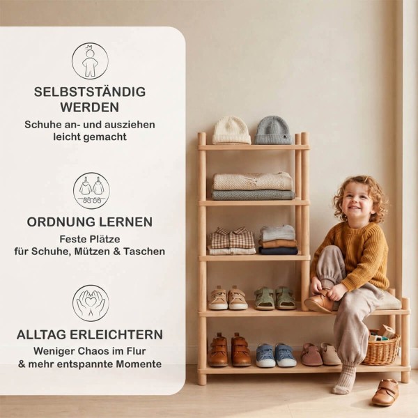 Schuhregal Kinder fördert Selbstständigkeit, Ordnung und Alltag im Montessori-Flur
