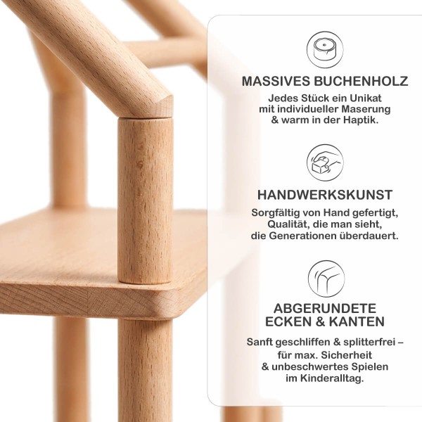 Detailaufnahme vom Schuhregal Kinder zeigt runde Stäbe, glatte Kanten und hochwertige Verarbeitung