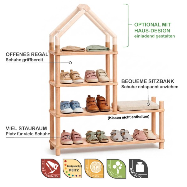 Schuhregal Kinder mit Sitzbank, offenem Regal, viel Stauraum und liebevoller Hausform
