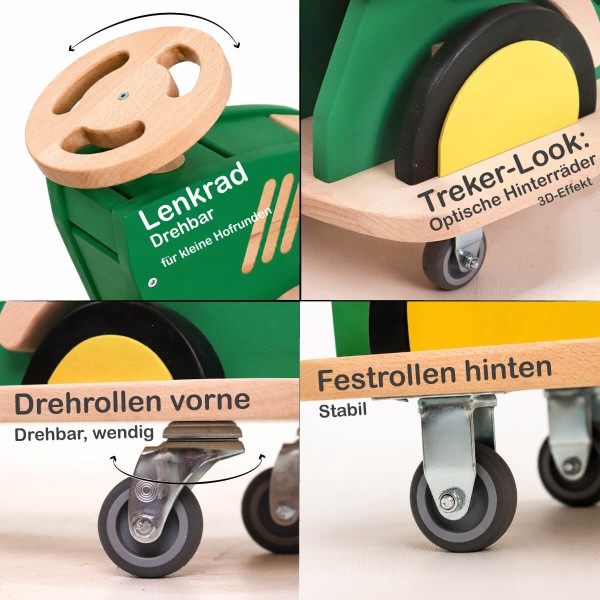 Detailübersicht zum Traktor Rutschauto mit Lenkrad, Flüsterrädern und 3D-Radabstand.