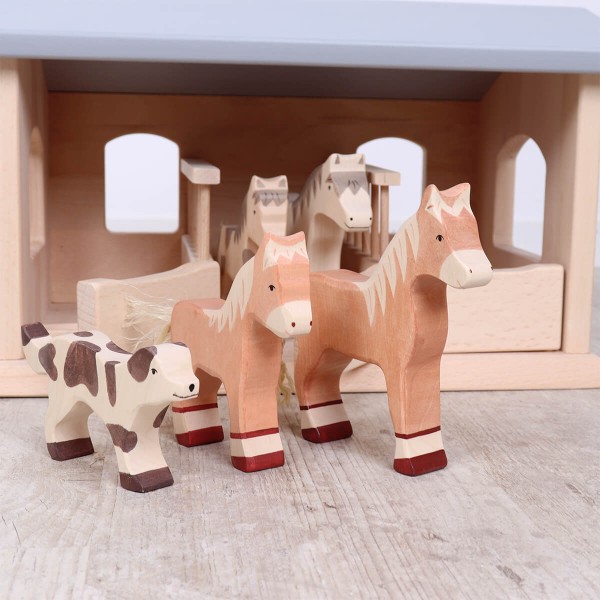 Pferd, Fohlen, Hund | 3-teiliges Bauernhof Tiere Set | Holztiger | Bauernhof Zubehör