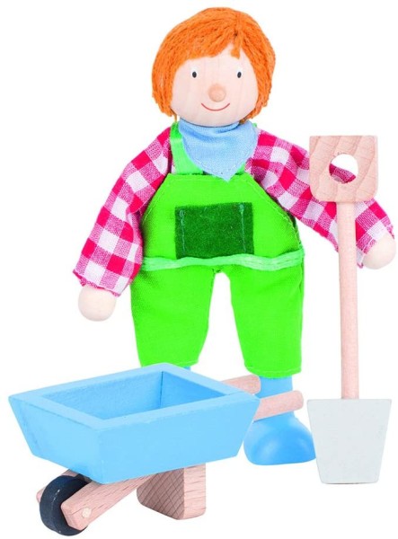 Goki Biegepuppe - Bauer - Gärtner - Landwirtschaft - Handwerk - 3-teilig Premium Rollenspiel - Puppe - Schubkarre - Spaten - Puppen-Zubehör – Puppenhaus – Puppenstube – Lernspielzeug
