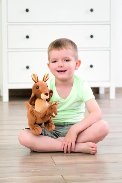 änguru-Handpuppe mit Jungtier im Beutel, Plüsch-Handpuppe für Rollenspiele