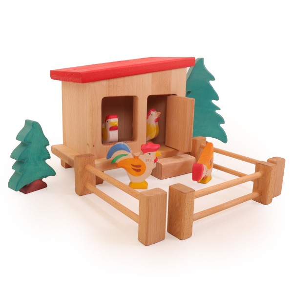 liebevoll gearbeiteter Hühnerhof - massiver Huehnerstall-fuer-Kinder-Zubehör für Kinderbauernhof-detailreiche Verarbeitung - Holzspielzeug-tolle-Qualität- robuste Ausführung-langlebig- Trecker-Hühner-Bäume-Zaun, Variante mit rotem Dach