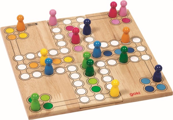 Kinder-Brettspiel Ludo aus Holz 56914: Farben- und Zahlen-Lernspiel mit bunten Holzspielfiguren auf einem stabilen Holzbrett