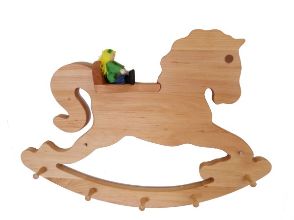 Schaukelpferd-Garderobe-Kleinkindergarderobe – für Kindergarten, Kinderzimmer, Flur,Eingang – pädagogisch wertvolles Holzspielzeug – ökologisch und gesundes Kinder-Spielzeug - Ordnung- Jacken - Mützen
