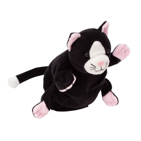 Schwarze Handpuppe Katze von beleduc mit weicher Stoffoberflaeche