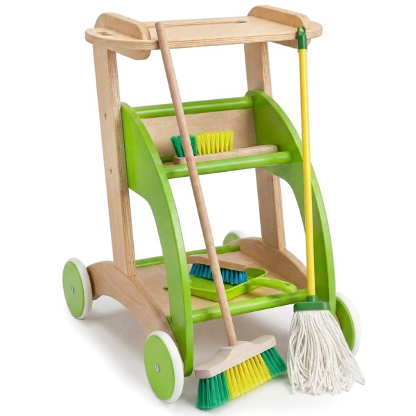 Kinder Putzwagen aus Holz mit Besen, Mop und weiterem Zubehör